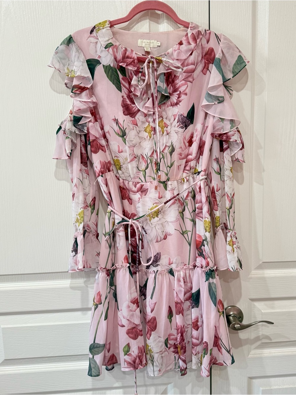 Ted Baker Pink Floral Tie-Neck Cut Out Sleeve Dress